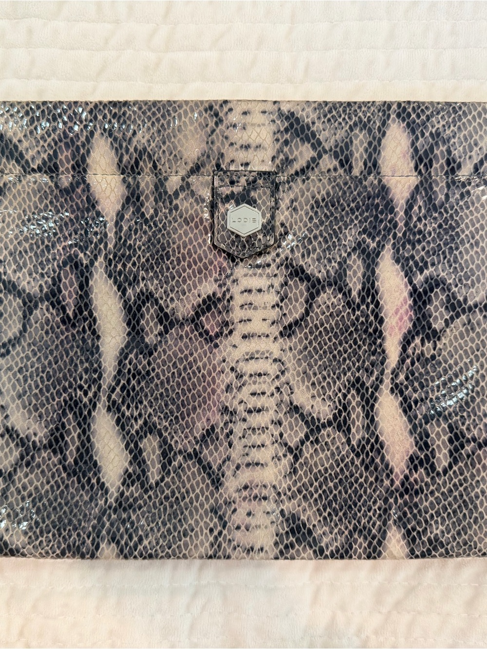 Lodis Snake-Print Foldover Clutch in Gray and Cream